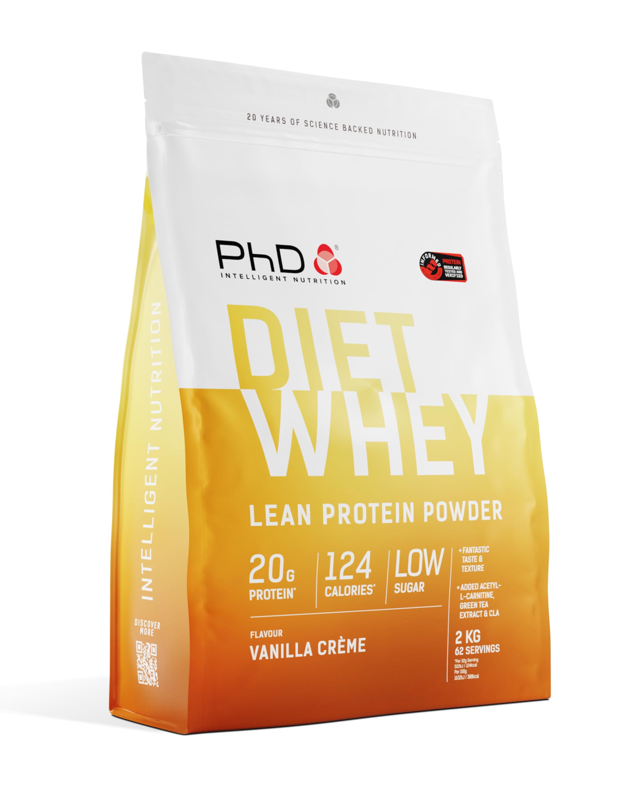 PhD Nutrition Diet Whey Low Calorie Protein Powder, Low Carb, High Protein Lean Matrix, Vanilla Crème Diet Whey Protein Powder, High Protein, 62 Servings Per 2 kg Bag