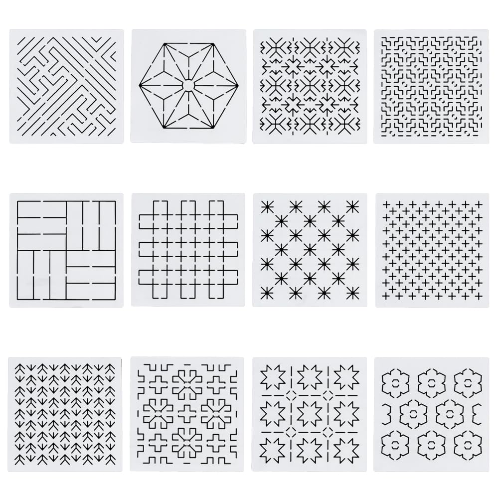 FREEBLOSS 12pc 5.5 * 5.5in Plastic Sashiko Stencils - 12 Different Geometric Embroidery Patterns for Sashiko, Hand Quilting