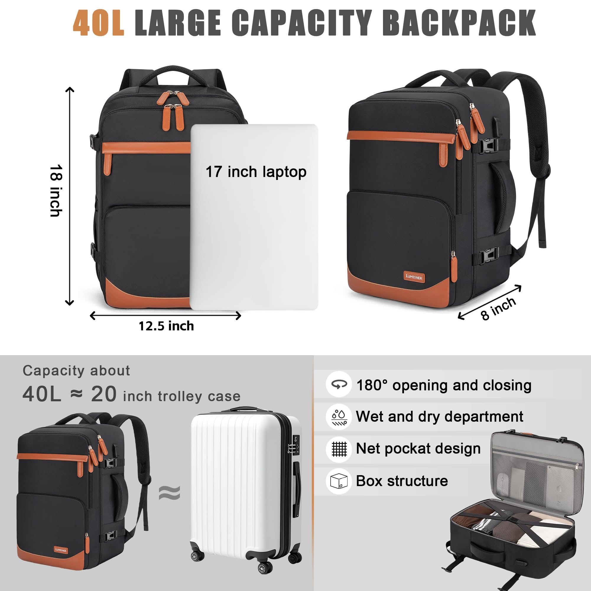 Velaybor 40L Travel Backpack with USB Charging Port, Water-Resistant Carry On Backpack for Men Women, Business Laptop Backpack for Trips & Commutes, Fits 15.6/17.3 Inch Laptop