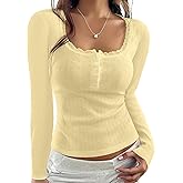 Cioatin Women Lace Trim Button Up Pointelle Crop Tops-Long Sleeve Scoop Neck Henley Tshirt Slim Fit Y2K Aesthetic Tee Fall