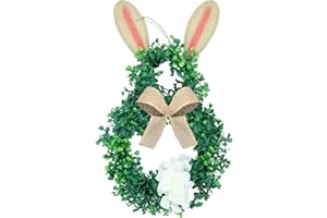 JHHJIFY 18" Easter Wreath Bunny Artificial Wreath Door Wreath with Burlap Bow for Home and Wall Decorations with Green Leaves for Spring Decorations Bunny Wreath for Wall Window Decor
