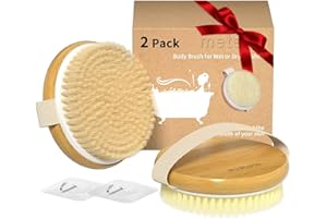 Metene 2 Pack Bamboo Dry Body Brushes, Shower Brush Wet and Dry Brushing, Dry Brush for Cellulite and Lymphatic, Body Scrubber with Soft and Stiff Bristles, Suitable for All Kinds of Skin