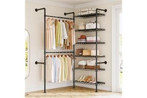 ONBRILL L2 Wall Mounted Closet System, Industrial Pipe Clothing Rack Clothes Racks with 2 Telescopic Rod & 6 Shelves, Heavy Duty Closet Organizers System in Wardrobe Closet, Black