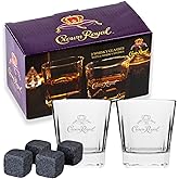 Whiskey Glasses Set of 2 Crown Royal Whiskey Glass and Stone Set 2 Scotch Glasses and 4 Unique Chilling Granite Rocks | Whiskey Stone Gift Set for Men Compatible