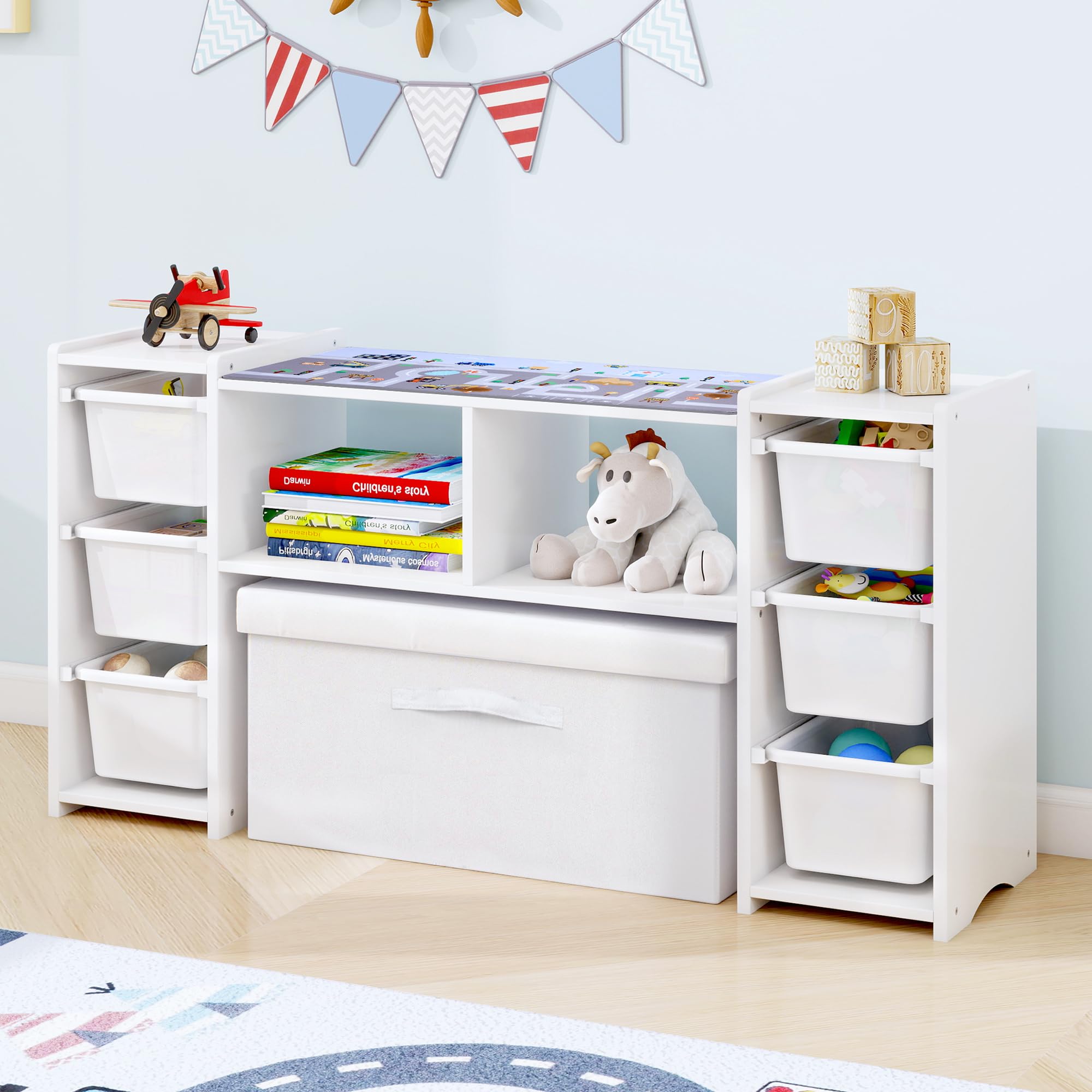 Photo 1 of MallBest Kids' Toy Storage Organizer Shelf - 100% Solid Wood,Children's Storage Cabinet with 6 Plastic Bins?Playroom, Children's Room(White)