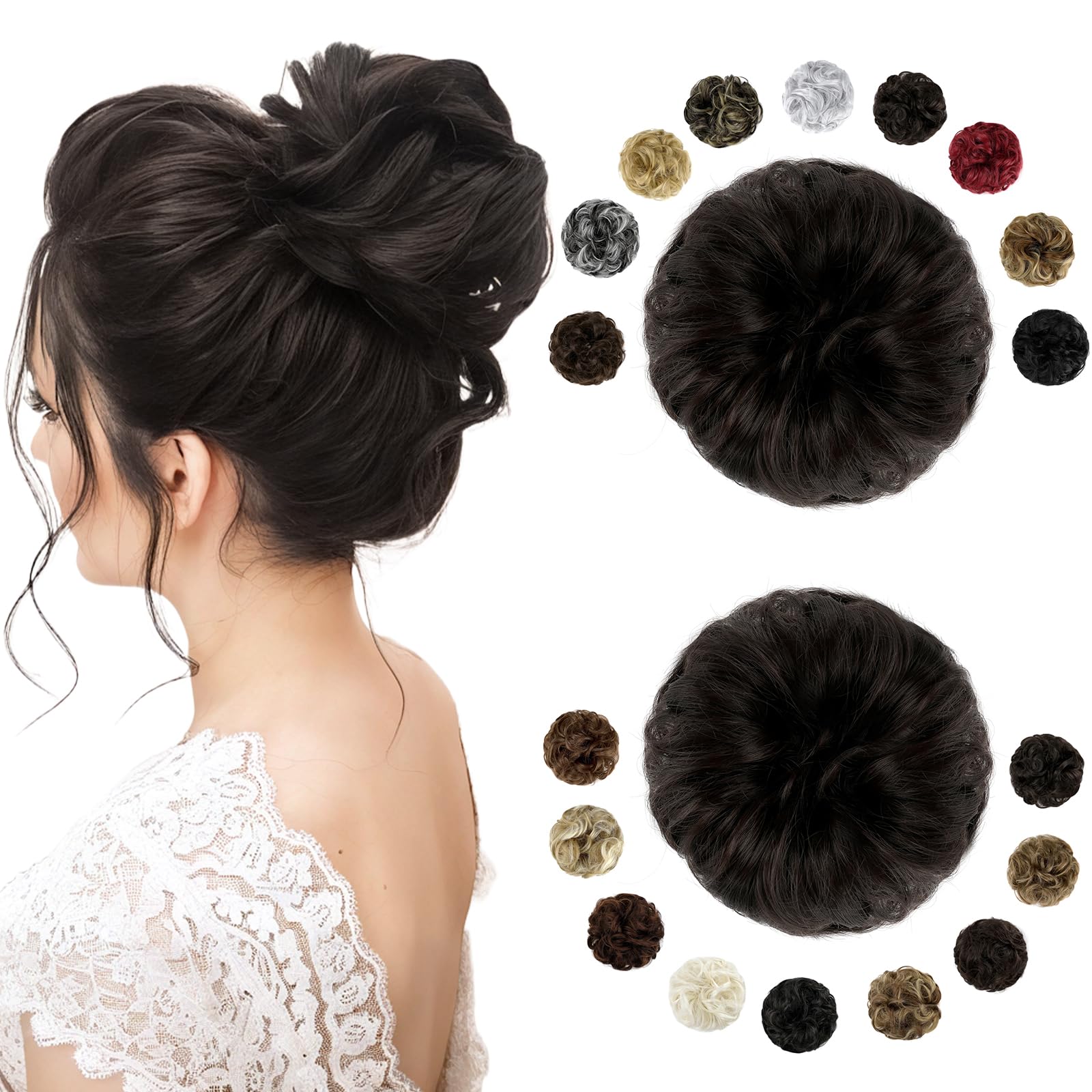 Photo 1 of FELENDY 2PCS Messy Bun Hair Piece Large Wavy Curly Elastic Hair Bun Scrunchies Fluffy Thick Donut Chignon Hairpieces Updo Extensions Dark Brown