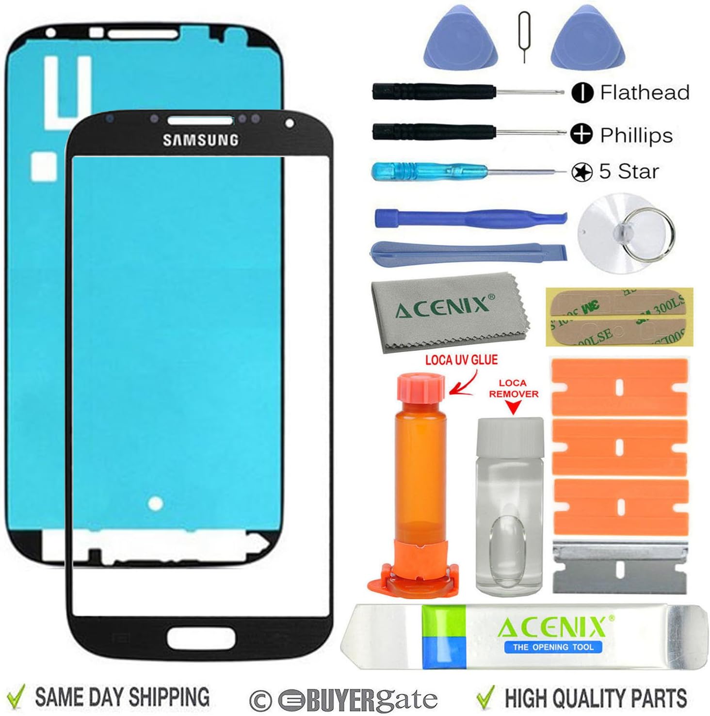 ACENIX® Samsung Galaxy S4 Black Front Glass lens Screen Replacement Repair Kit Black +UV Glue & Loca Remover With 20 Pieces Replacement Kits, Complete Kit For Broken Samsung Galaxy S4 Outer Glass Lens