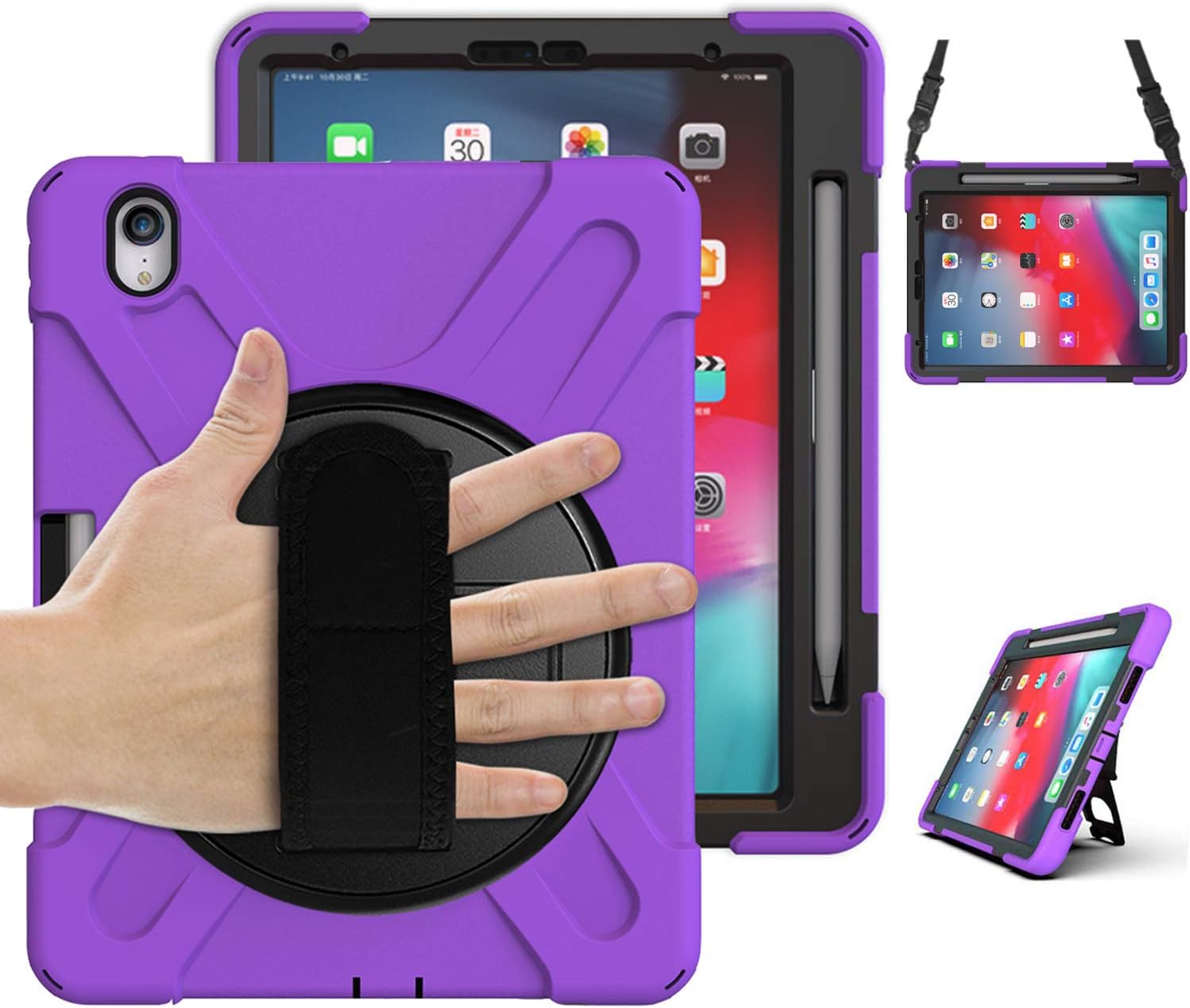 iPad Pro 11 inch Case with Pencil Holder, SIBEITU Full Body Protection Rugged Case Cover with Handle, Durable Stand, Hand & Shoulder Strap for iPad Pro Case 11 inch A1980/A2013/A1934/A1979 Purple