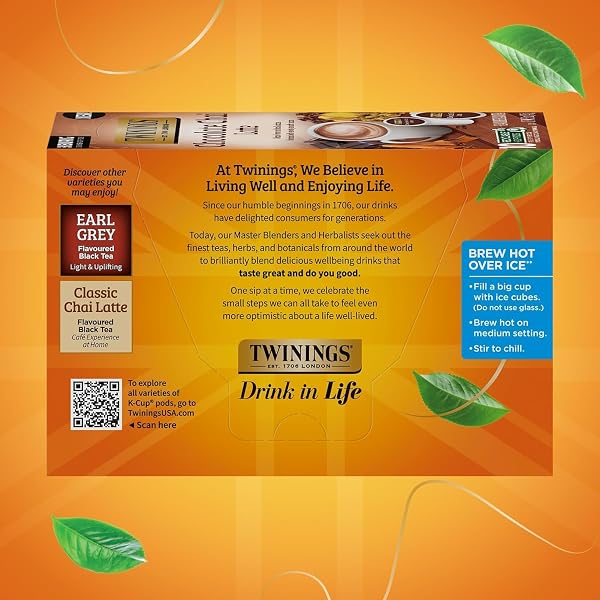 TWININGS CHOCOLATE CHAI LATTE TEA K-CUP PODS FOR KEURIG, VELVETY SMOOTH COCOA WITH REAL SPICED TEA, CAFFEINATED, ENJOY HOT OR ICED – 10 COUNT