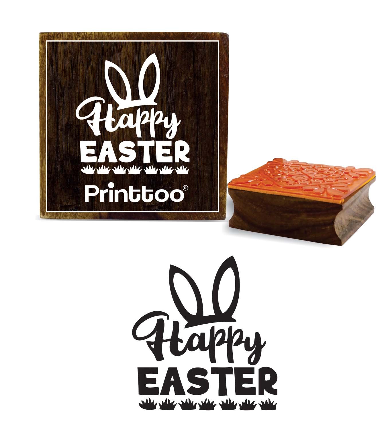 Printtoo Happy Easter Bunny Ears Pattern Square Wooden Rubber Stamp Craft Stamps Block-2 x 2 Inches