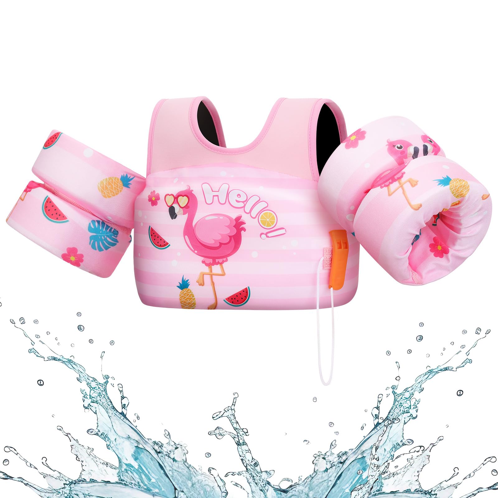 Photo 1 of Heysplash Kids Swimming Vest, Toddler Floaties Fit 31-66 Lbs, Puddle Kids Jumper with Adjustable Strap, Swim Jacket Water Wing Arm Baby Float, Pool Sea Swimming Aid 2-7 Years, Pink Striped Flamingo