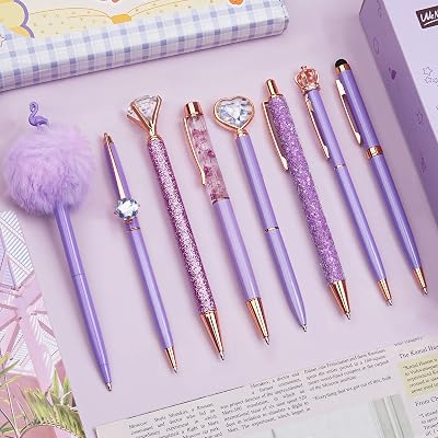 WEMATE 8Pcs Purple Ballpoint Pens Set with Crystal Diamond Design