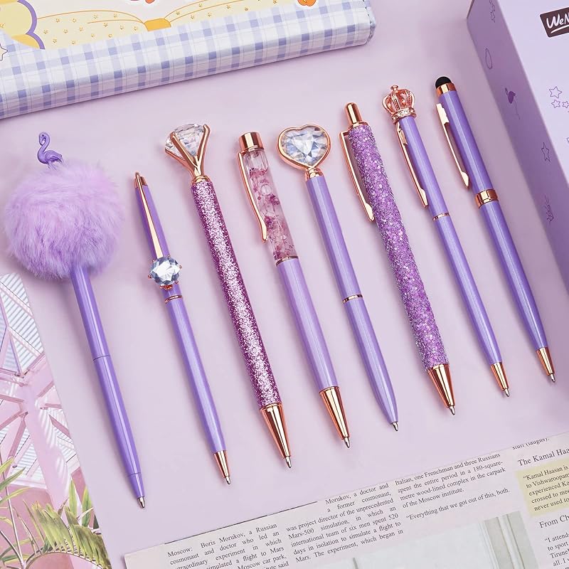 WEMATE 8Pcs Purple Ballpoint Pens Set with Crystal Diamond Design