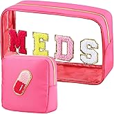 BuyCard 2 Pcs Medicine Chenille Letter Preppy Clear Makeup Meds Bag for Travel - Nylon & PVC Transparent Cosmetic Toiletry Storage for Women Girls - Rose Red