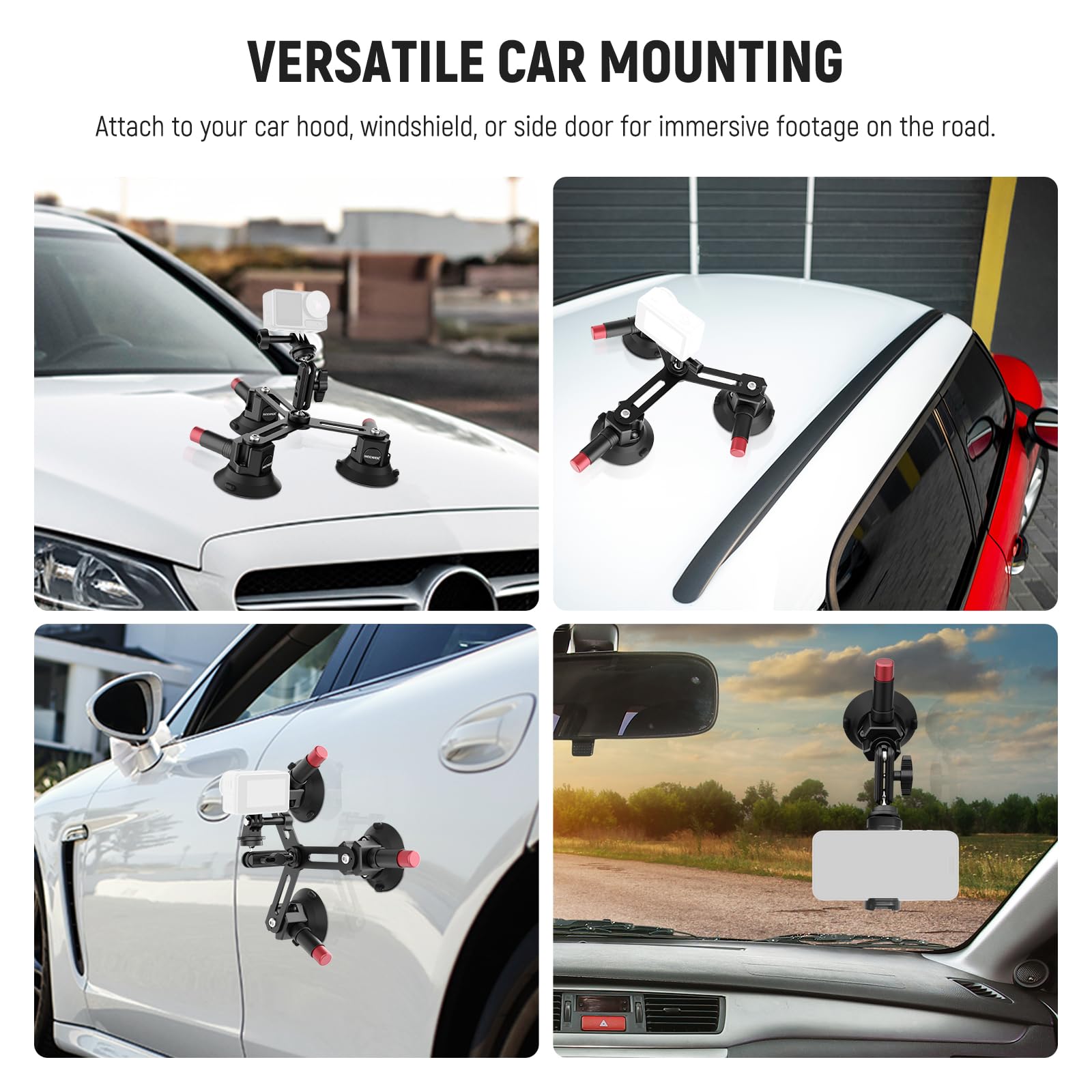 Neewer Triple Suction Cup Camera Car Mount [Simplified] with Phone Holder & Action Camera Adapter Compatible with iPhone GoPro OSMO Action Pocket 4 3 2 Hero 12 11 10 Insta360 Samsung, CA067