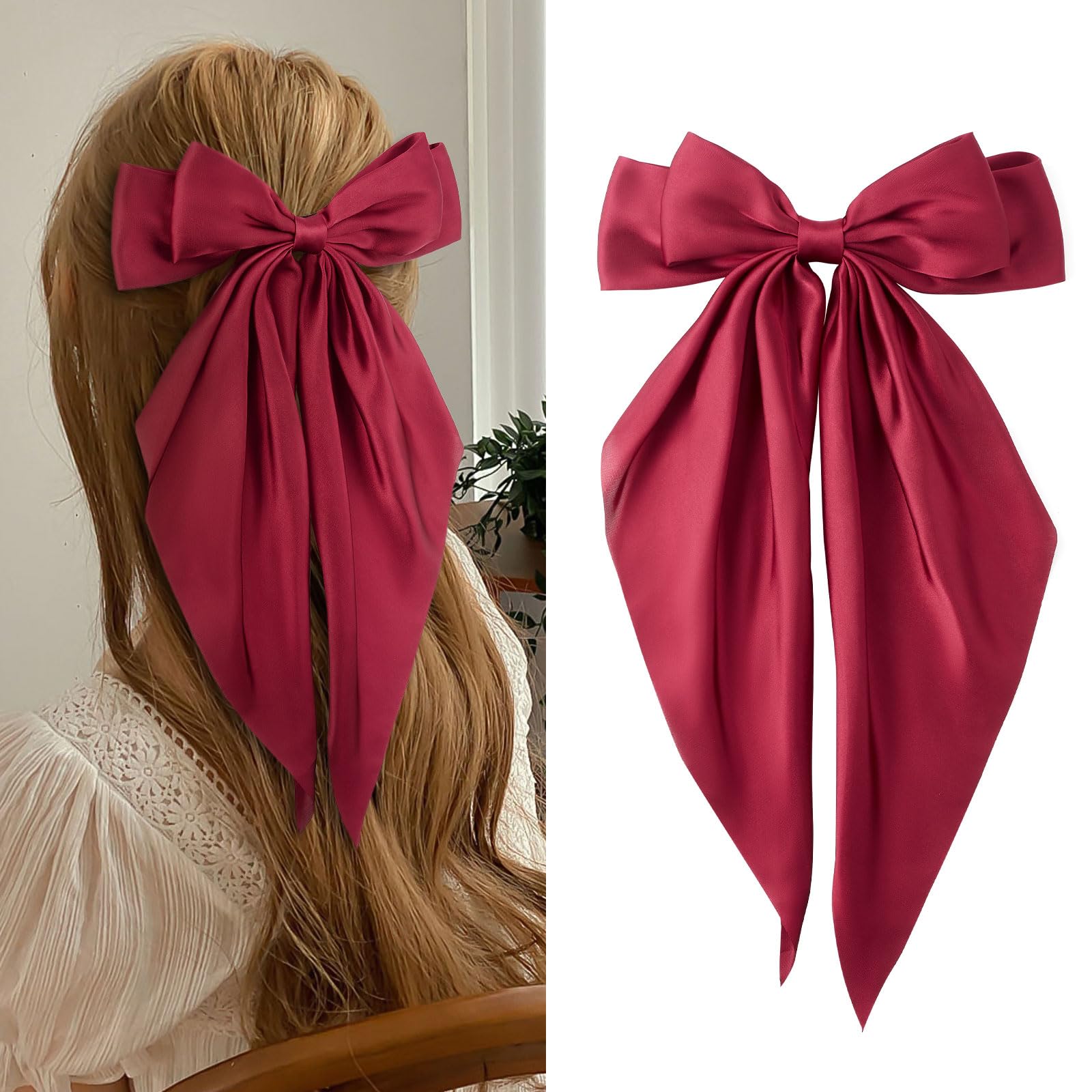 1PC Big Hair Bows Clip,Long Soft Satin Hairpin French Ribbon Bowknot Metal Hair Clips,Tail Barrettes Accessories(Red)