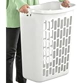 60L Plastic Laundry Hamper, White, Slim Tall Rectangular, Ventilated Clothes Basket with Handles, for Narrow Spaces, Bathroom, Dorm, and Apartments
