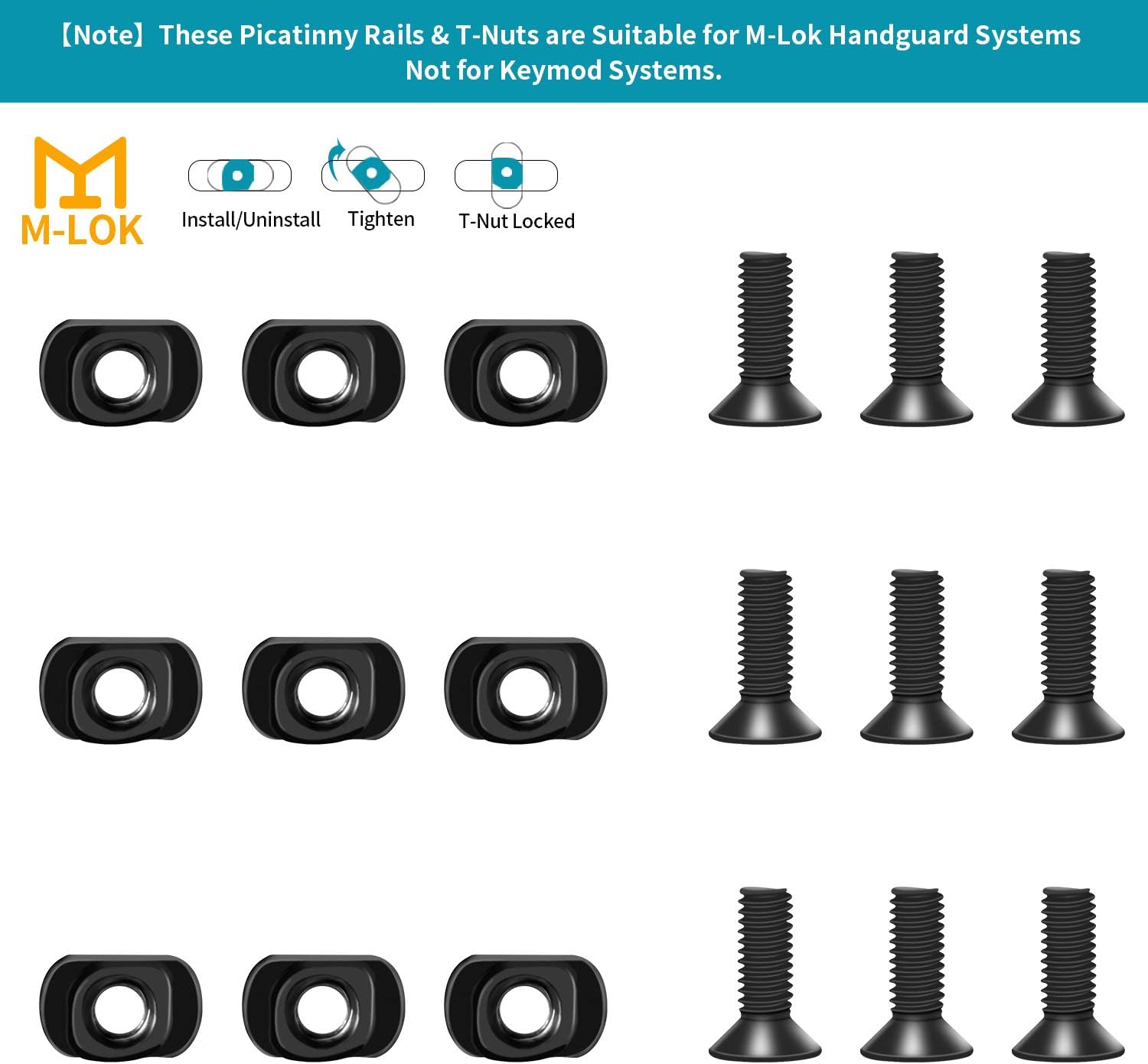 VIAKEY Mlok T-Nut Screw Replacement Set with 3 Allen Wrench, M-lok Rail Mount Long Screws & Nuts Accessories Hardware for Standard M LOK System, Set of 9 : Sports & Outdoors