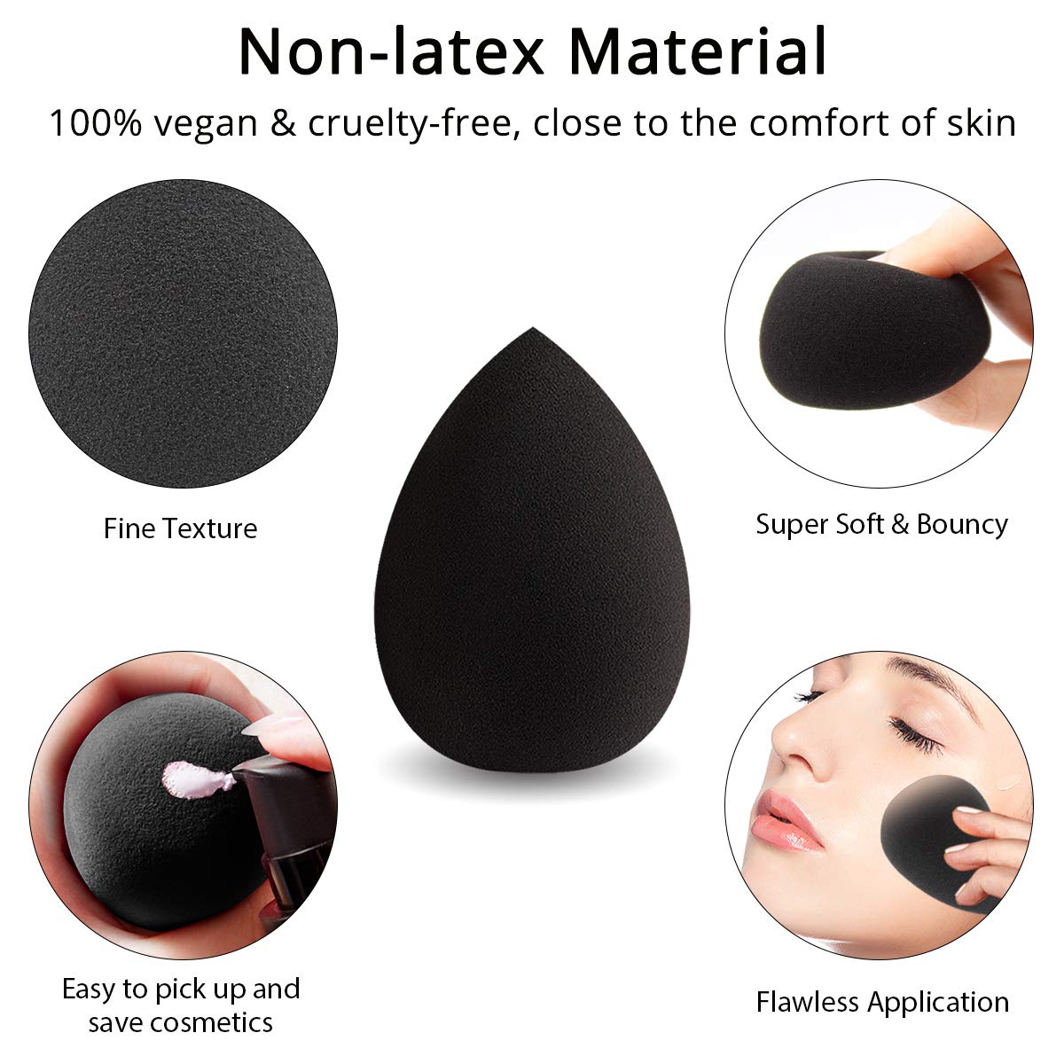 BEAKEY Makeup Sponge, Latex-free and Vegan Makeup Blender Beauty Sponge, Flawless for Cream, Liquid Foundation & Powder Application (2Pcs, Black) : Beauty