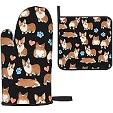 Cute Corgi Dog Heat Resistant Oven Mitts and Pot Holders Sets Non Slip Kitchen Gloves Hot Pads with Inner Cotton Layer for Cooking BBQ Baking Grilling