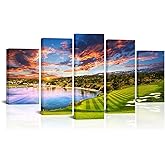 RyounoArt 5 Piece Golf Canvas Wall Art California Golf Course Sunset Pictures Painting for Living Room Bedroom Office Wall Decor Modern Artwork Ready to Hang