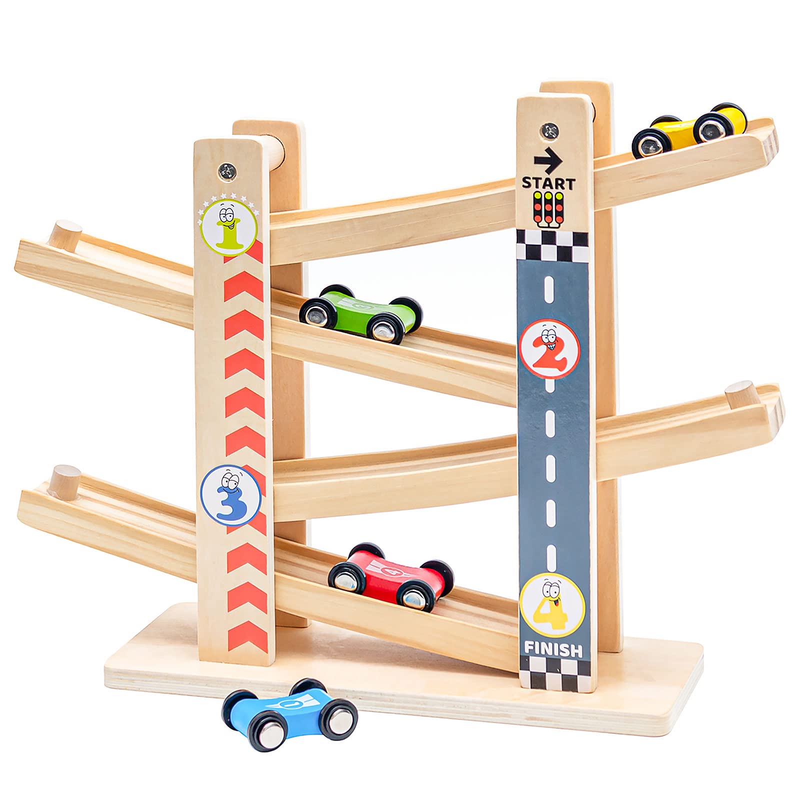 Wooden Car Ramp Toys|Zig Zag Cars Slide|Toddler Toys Wooden Race Track with 4 Wood Cars for 3 Year+ Old Boy Gifts