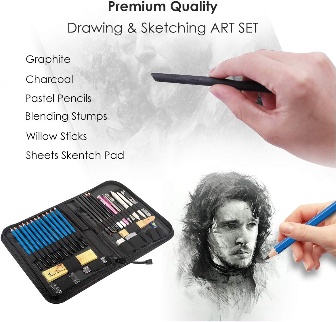Wellwerks Professional Artist Drawing Kit, Graphite and Charcoal Drawing Pencils, Drawing Pencils Sketch Set-41PCS, Includes Sticks, Sharpeners, Erasers for Kids Teens Adults : Office Products