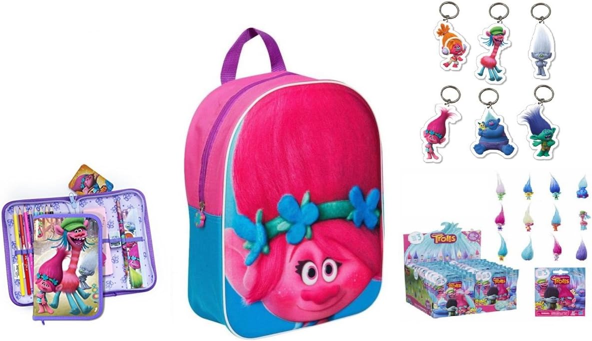 DreamWorks Trolls Poppy 3D Effect EVA Junior School Backpack Pencil Case Blind Bag Toy Bundle for Children/Toddler/Kids – 4 Piece