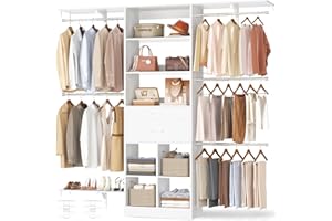 BESIOST 5FT Closet Organizer System with Wooden Drawers, 60 Inches Walk In Closet System With 5 Hanging Rods, Can Fit 1.58 to 6.8 FT with Reversible Hanging Shelving, White
