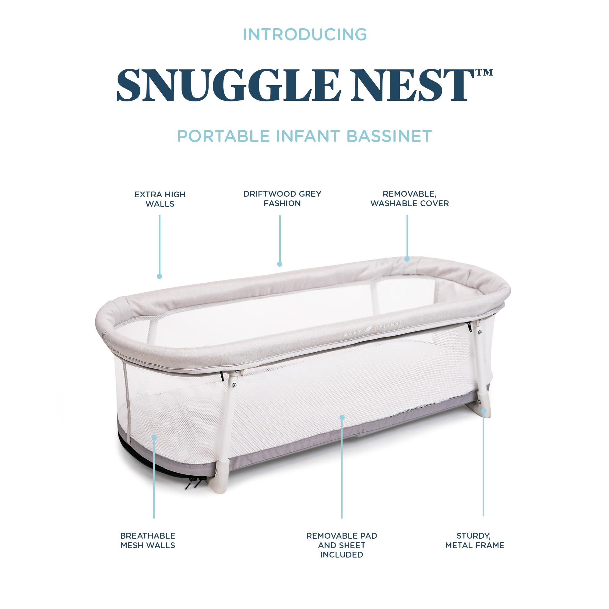 Baby Delight Snuggle Nest Bassinet, Portable Baby Bed, for Infants 0 – 5 Months, Driftwood Grey