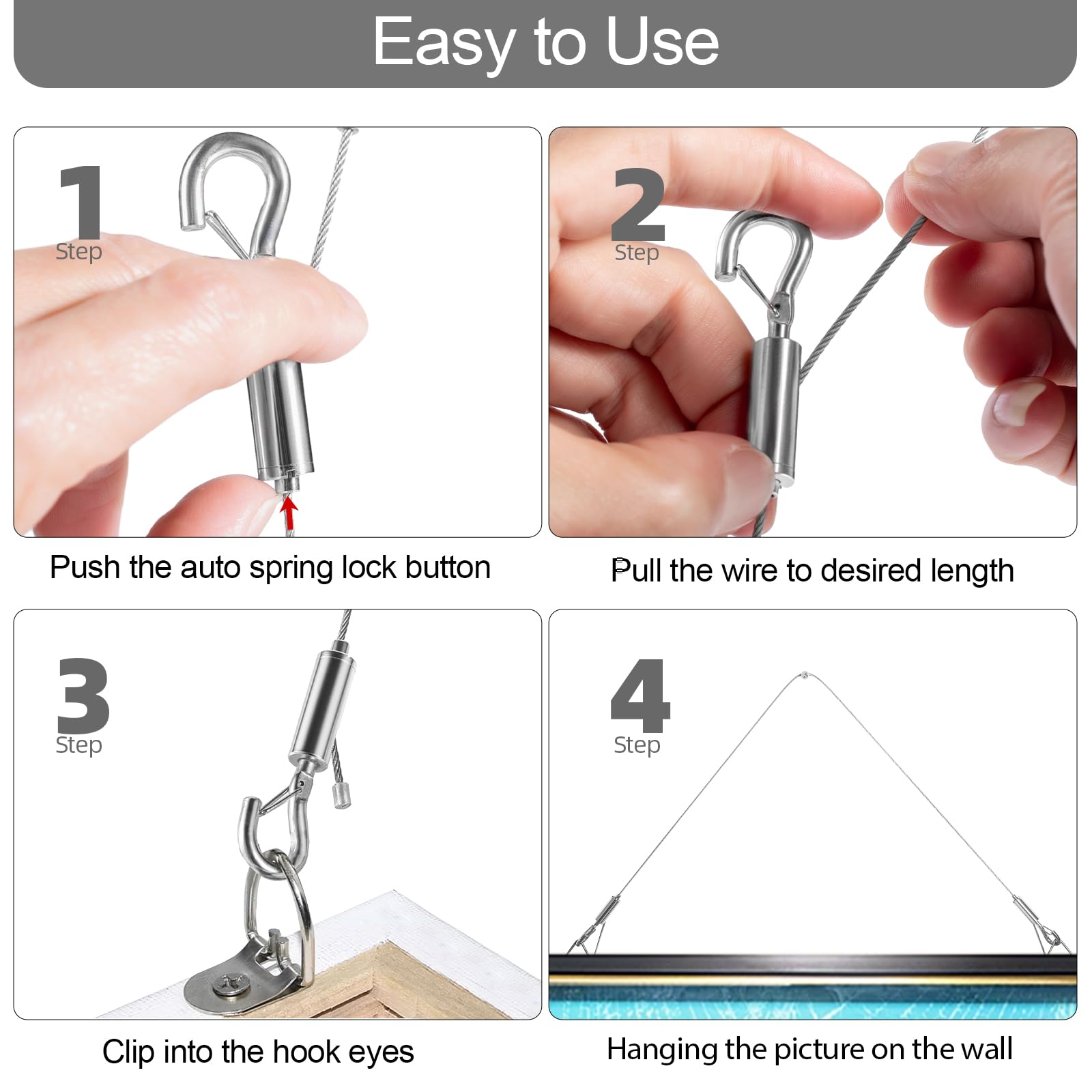 Adjustable Picture Hanging Wire, Upgrade Mirror Frame Hanging Kit, 6.6FT Heavy Duty Stainless Steel Wire Rope, Supports Up to 100lbs (Silver, 2PC-6.6FT)