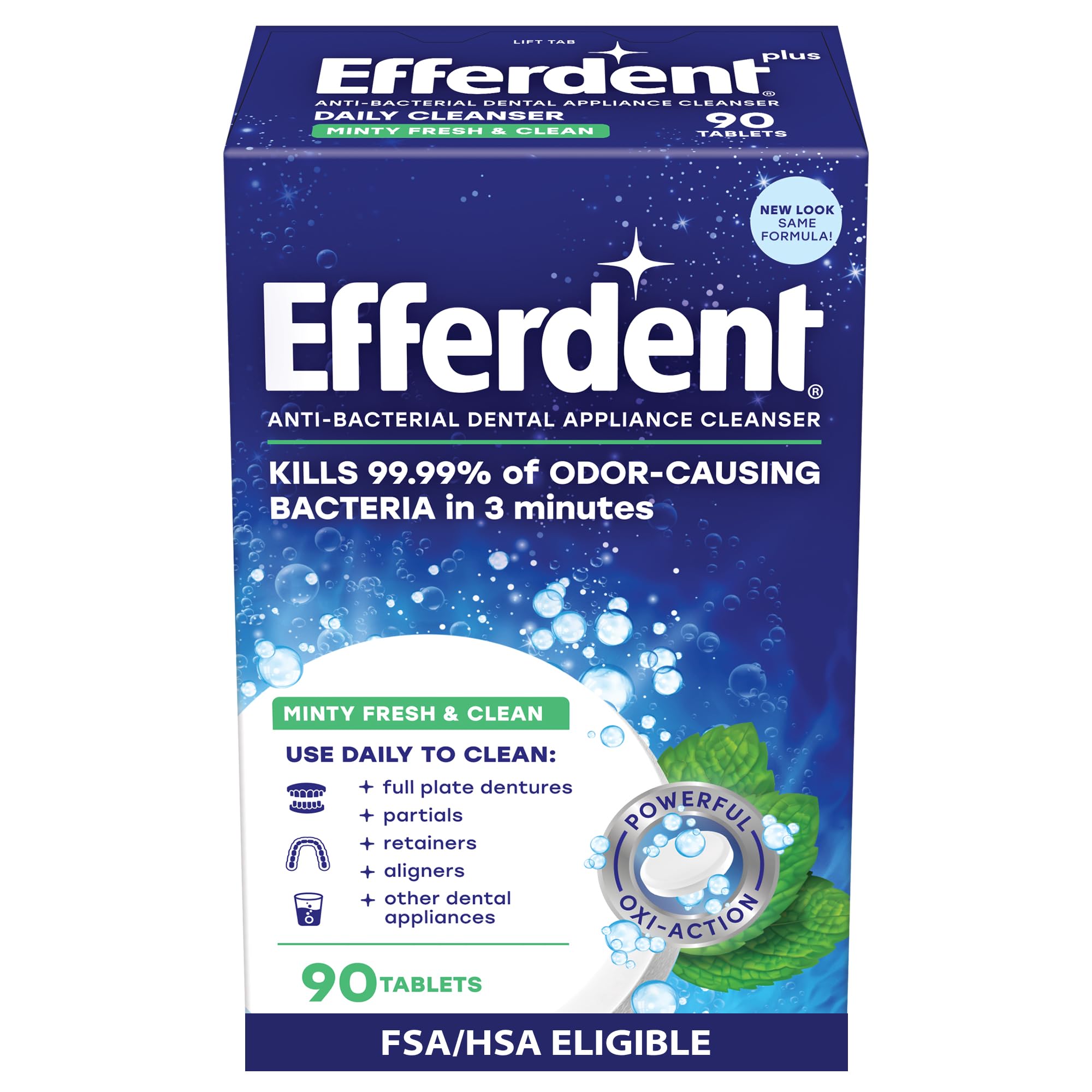 Efferdent Plus Mint Anti-Bacterial Denture Cleanser | 90 tablets | Actively Cleans Between Dentures | Packaging May Vary