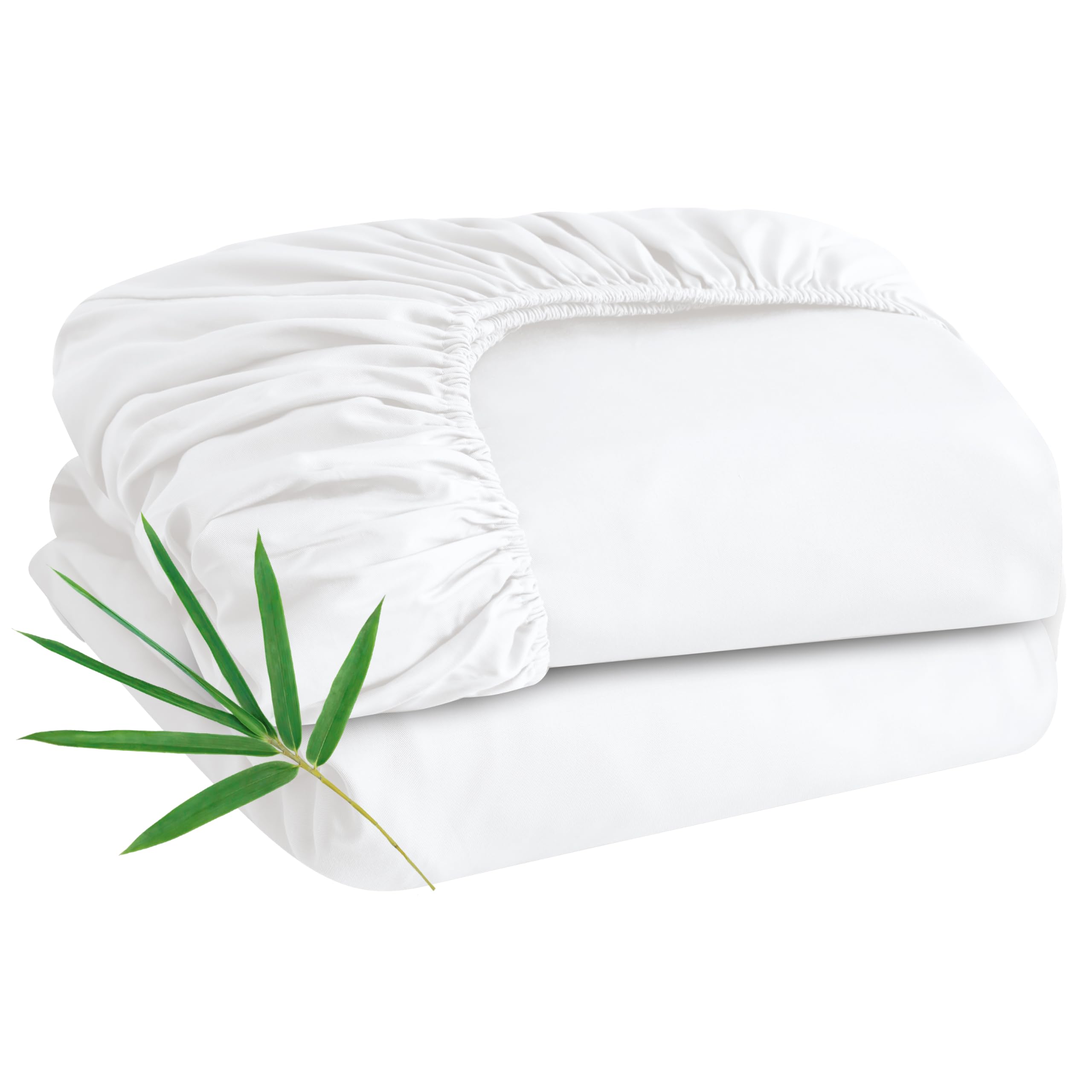 Photo 1 of 2 Pack Bamboo Viscose Fitted Sheet Queen Size Only, 400 Thread Count, 8-16" Deep Pocket, Cooling Breathable Silky Smooth Soft Bottom Sheet for Hot Sleeper (White, Twin)