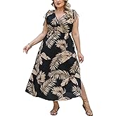 CUPSHE Women's Plus Size Summer Dress V Neck Drawstring Sleeves Tropical Flowy X Line Maxi Dress