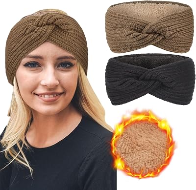DRESHOW Women Warm Winter Knitted Headband Ear Warmer Fleece Lined 2 Pack