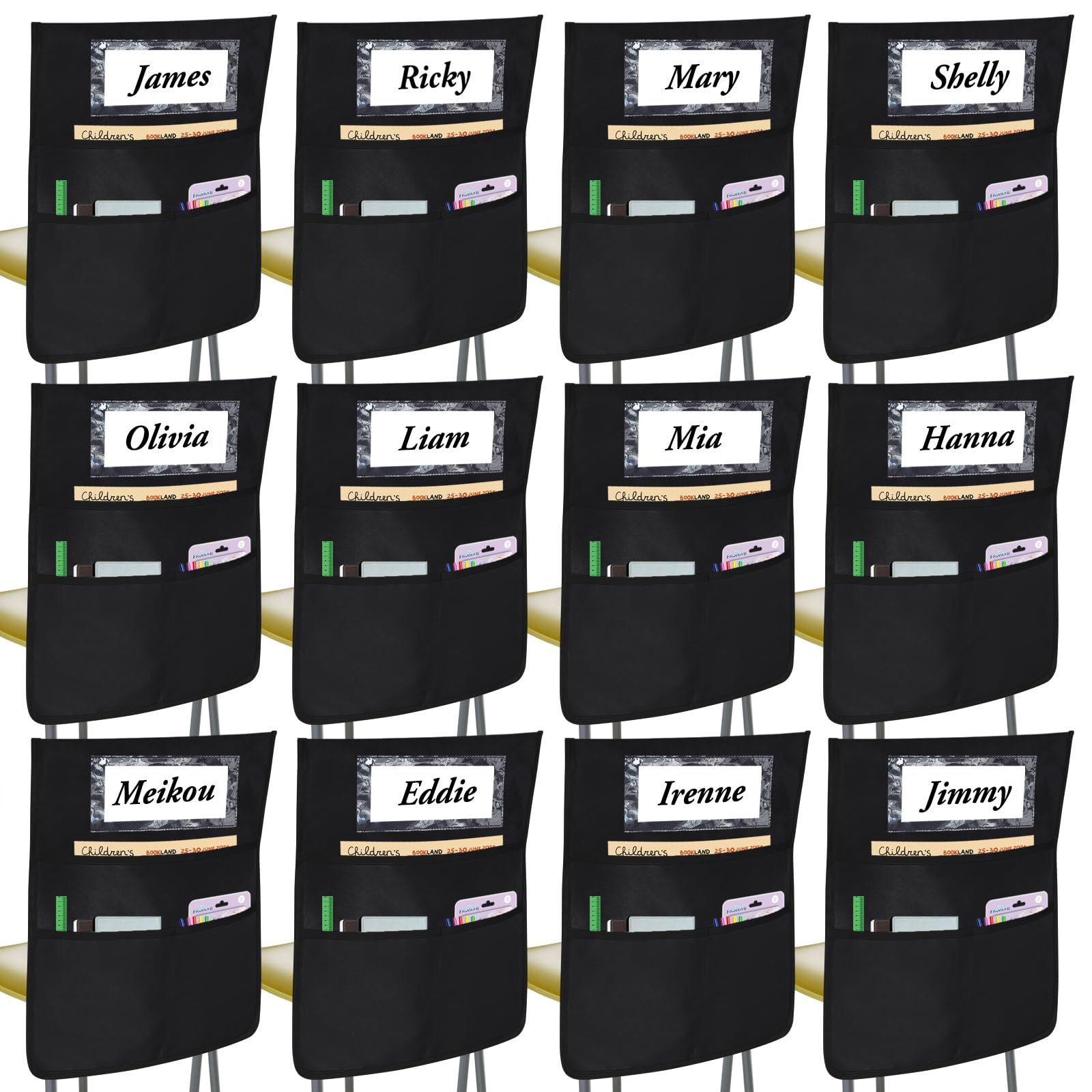 Photo 1 of 12 Pack Black Chair Pockets for Classrooms, Chair Pocket with 3 Heavy Duty Storage Pocket, Chair Back Buddy Pocket with Name Tag Slot, Ideal Back to School Supplies, Classroom Must Haves