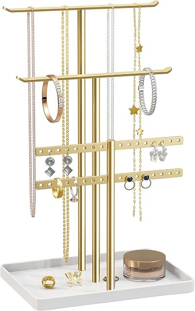 pickpiff Jewelry Stand 32cm Tall 3-Tier Gold with White Tray Organizer