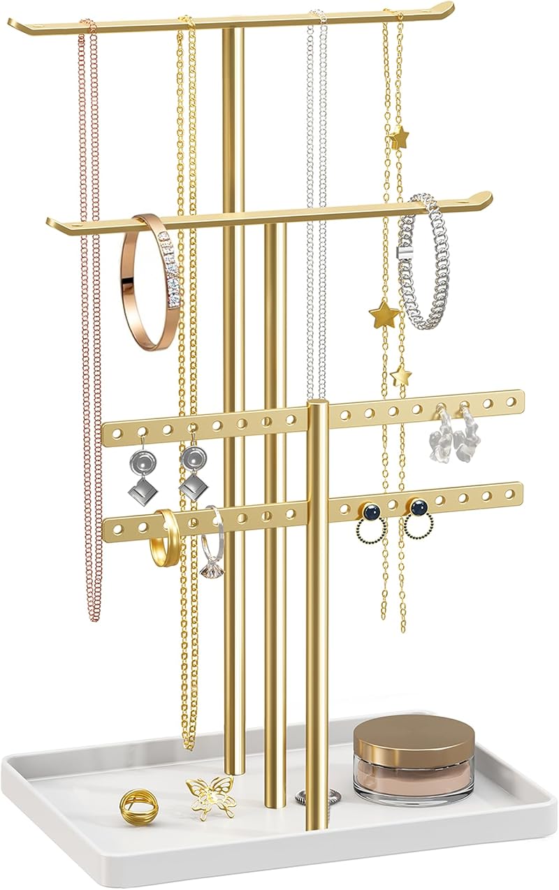 pickpiff Jewelry Stand 32cm Tall 3-Tier Gold with White Tray Organizer