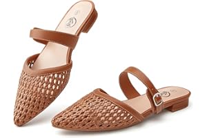 Trary Mules for Women Pointed Toe Women's Woven Flats with Adjustable Strap Breathable Cutout Loafers Comfortable Slip On Dre