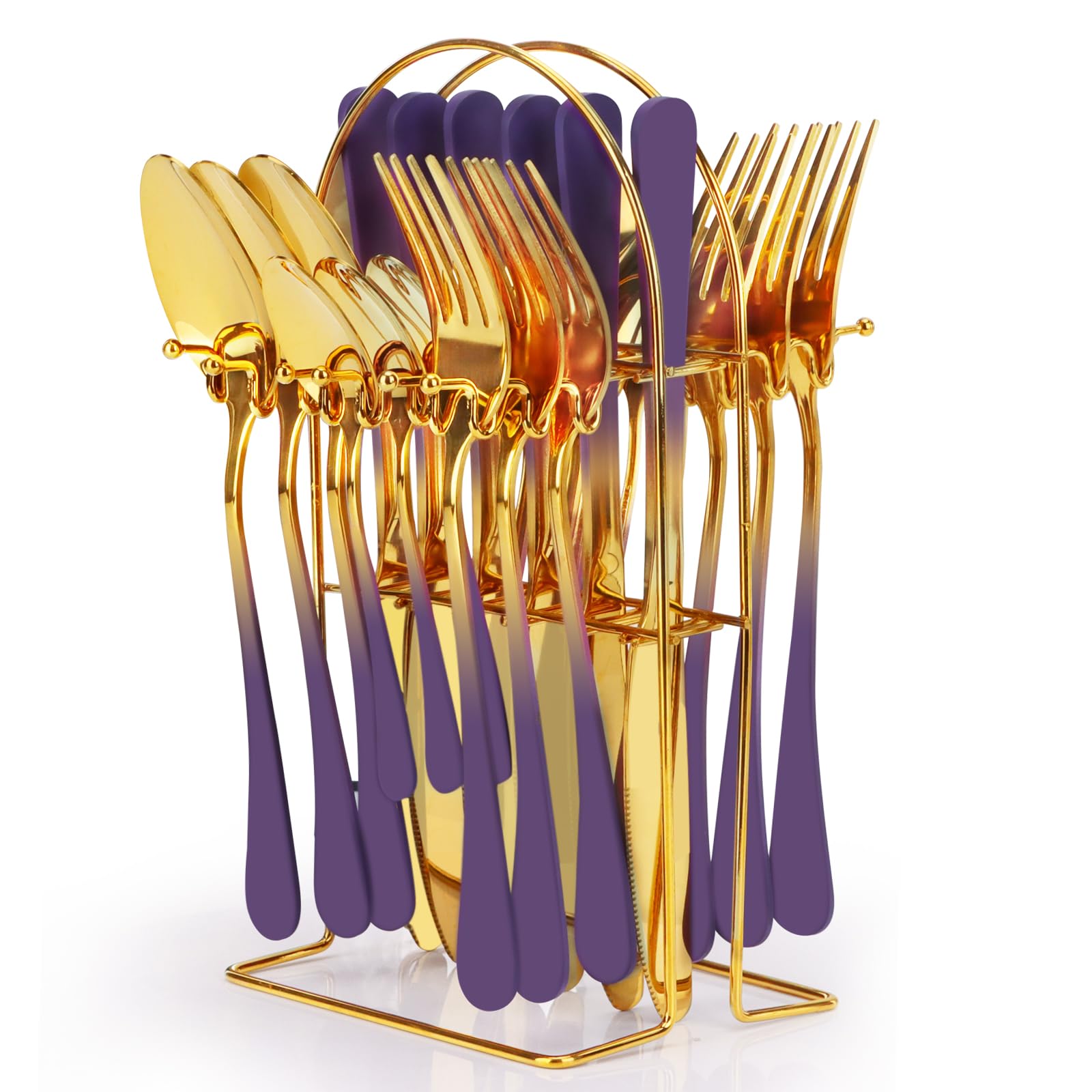 Photo 1 of   Flatware Set, Stainless Steel Cutlery Set with Silverware Holder, Modern Gold Silverware Set Includes Dinner Knives Forks Spoons,Hanging Silverware Set Service for 6 (Purple)