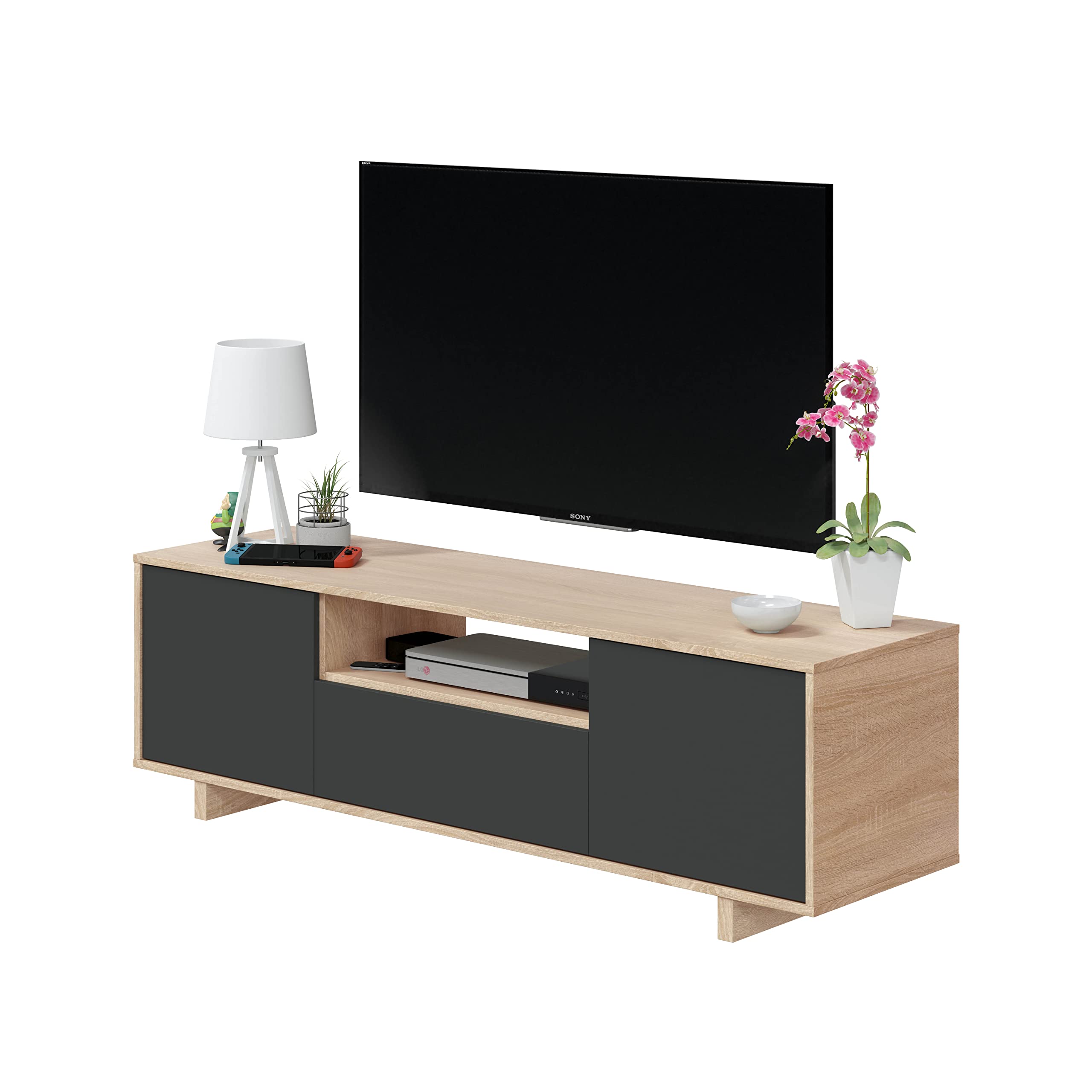 Modulo-TV-Mueble-de-Salon-Juego-de-Muebles-Modelo-Zaira-Acabado-en-Roble-Canadian-y-Gris-Antracita-Medidas-150-cm