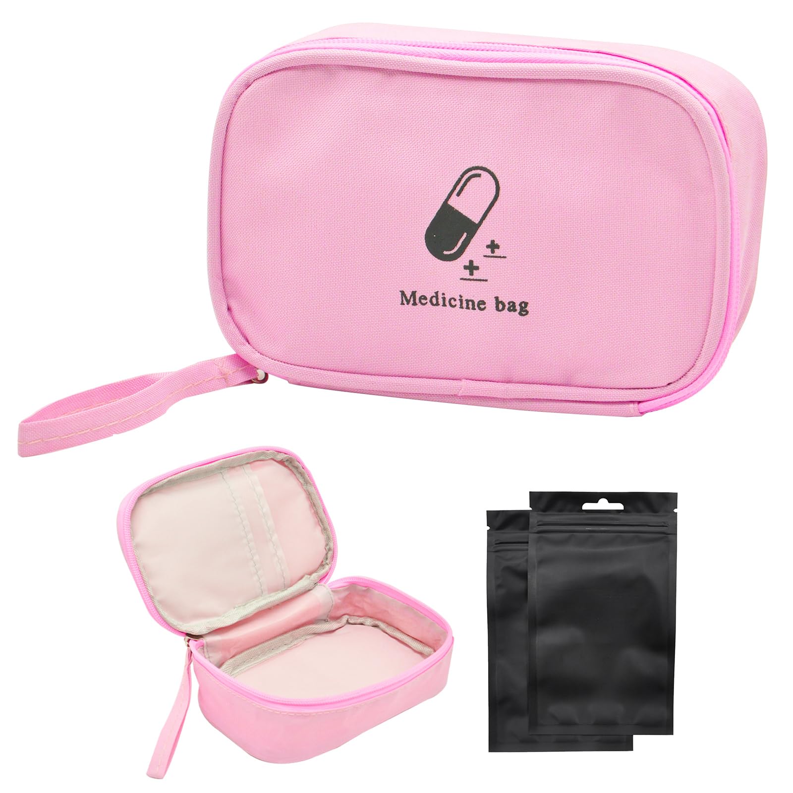 SwirlColor Small First Aid Pouch Portable Pill Organiser Easy Carry Empty Medicine Container with Three-Pocket for Travel (Pink)