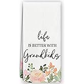 Bnzolyoia Grandma Kitchen Dish Towels - Grandma Gifts from Granddaughter Grandson, Life is Better with Grandkids Hand Towels for Bathroom Kitchen Decorative, 16x24 Inch