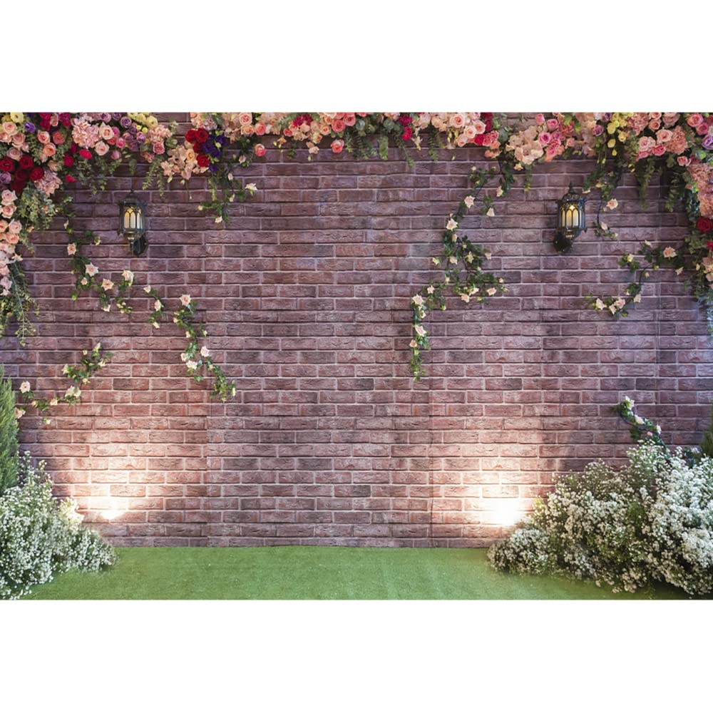 Aoihrraan 3,5x2,5m Wedding Ceremony Backdrop Spring Garden Rose Flowers Ivy Red Brick Wall Photography Background Bridal Shower Decor Valentine's Day Party Couple Lovers Portrait Photo Studio Props