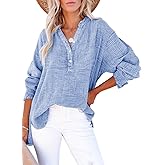 Dokotoo Womens Casual Button V Neck Long Sleeve Shirts Oversized Solid Blouses Tops