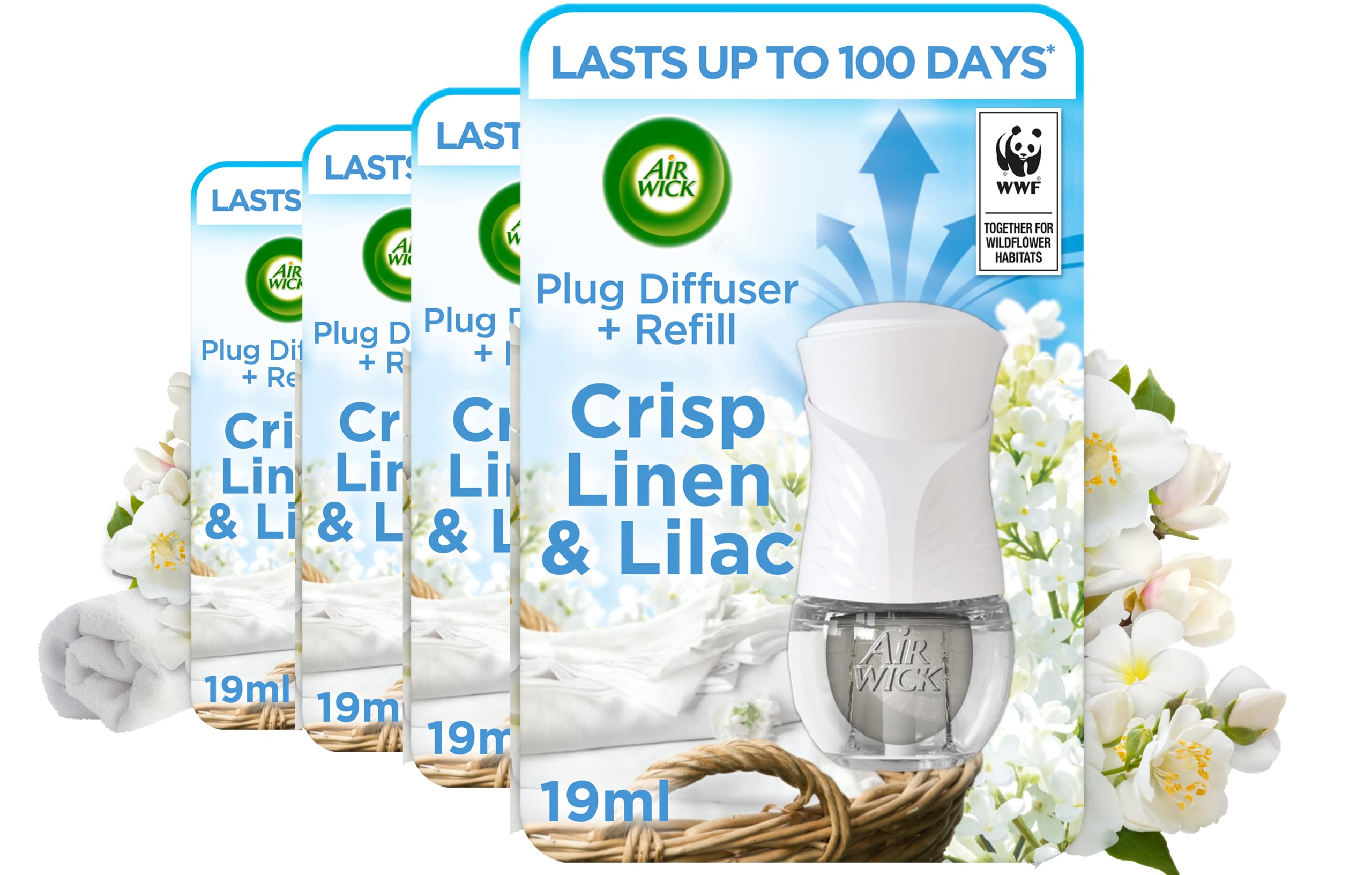 Airwick Essential Oils Air Freshener, Electrical Plug in Kit Gadget and Refill, Crisp Linen and Lilac, 19 ml, Pack of 4