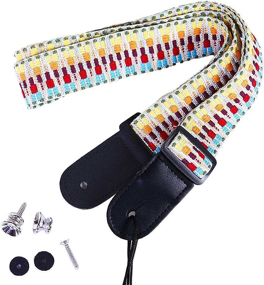 Paisen Rainbow Ukulele Strap Knitting Cotton Belt and Microfiber Leather Heads With 2 Strap Buttons For for Ukulele or Small Size Guitar, 4 cm Wideth, Adjustable Length from 83 cm to 147cm