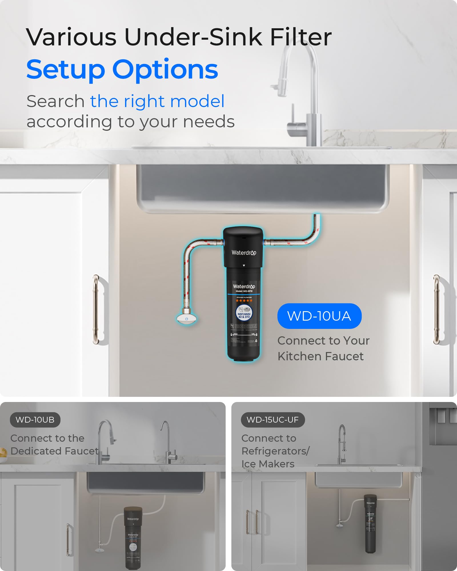 Waterdrop 10UA Under Sink Water Filter System, Reduces PFAS, PFOA/PFOS, Lead, Chlorine, Bad Taste & Odor, Under Counter Water Filter Direct Connect to Kitchen Faucet, NSF/ANSI 42 Certified, 1 Year