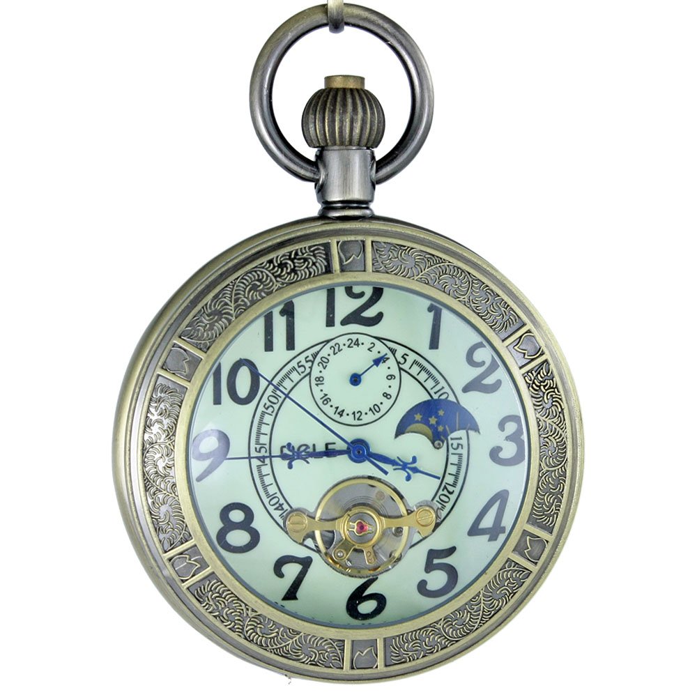 OGLE Waterproof Luminous Magnifier Tourbillon Moon Sun Chain Fob Self Wind Automatic Mechanical Pocket Watch, Bronze Luminous, Digital,Mechanical