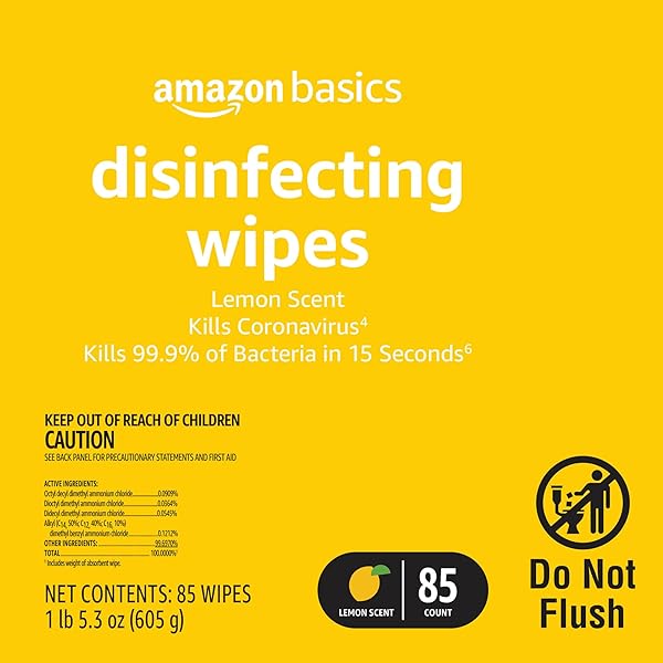 AMAZON BASICS WIPES, LEMON & FRESH SCENT, SANITIZES, CLEANS & DEODORIZES, 255 COUNT (3 PACKS OF 85)
